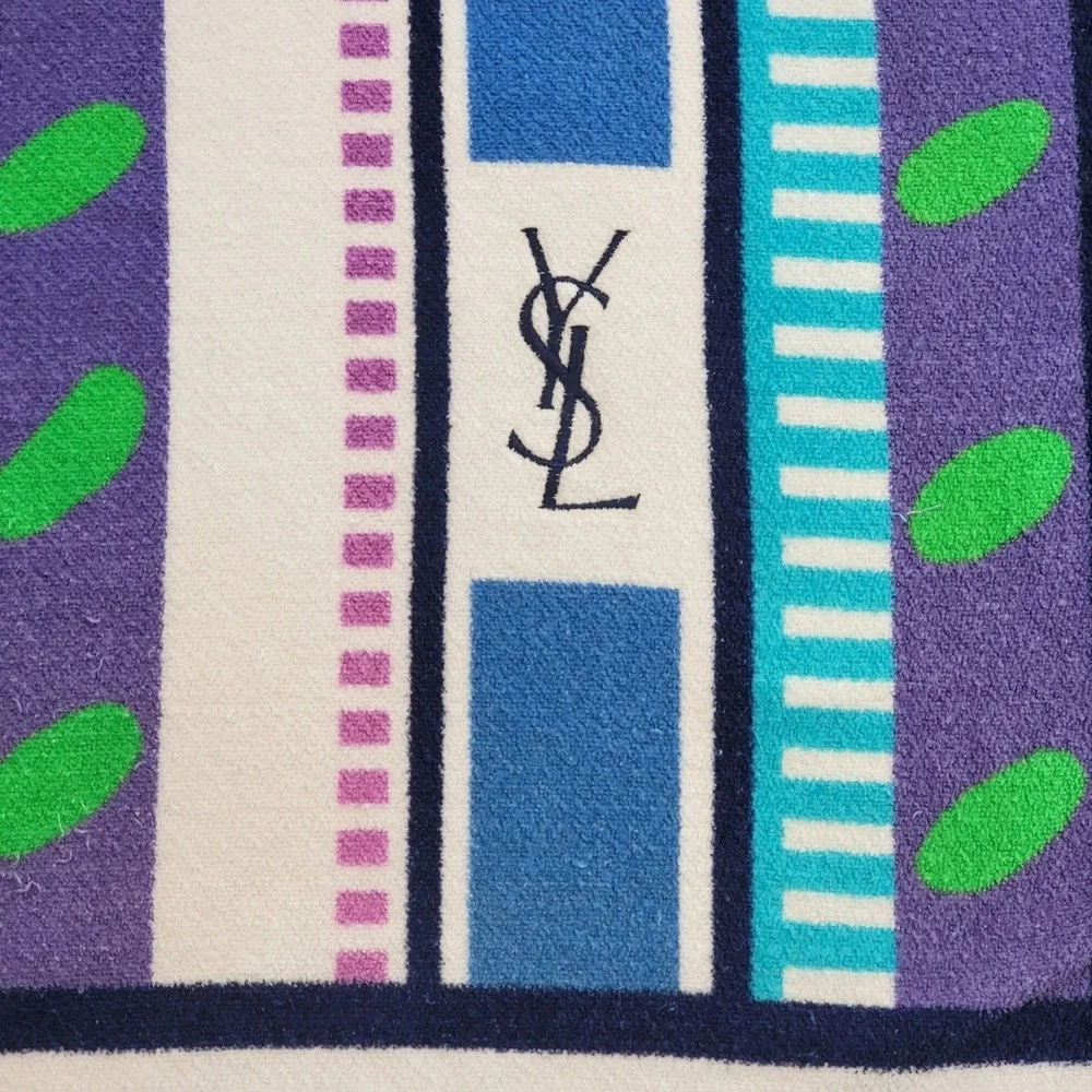 Vtg YSL Yves Saint Laurent Beach Towel Multi Striped Logo Cotton Japan Flaw